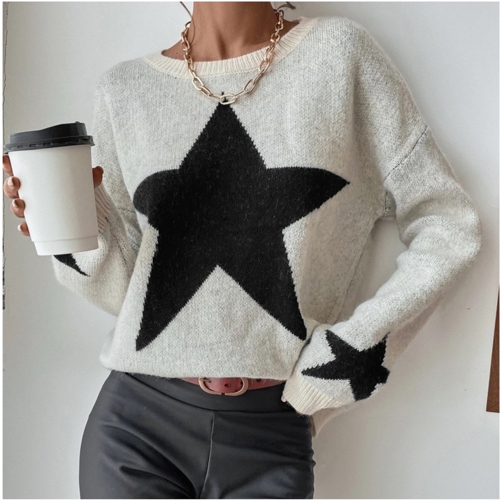 Cozy Star Print Knit Oversized Sweater Top - Picture 4 of 6